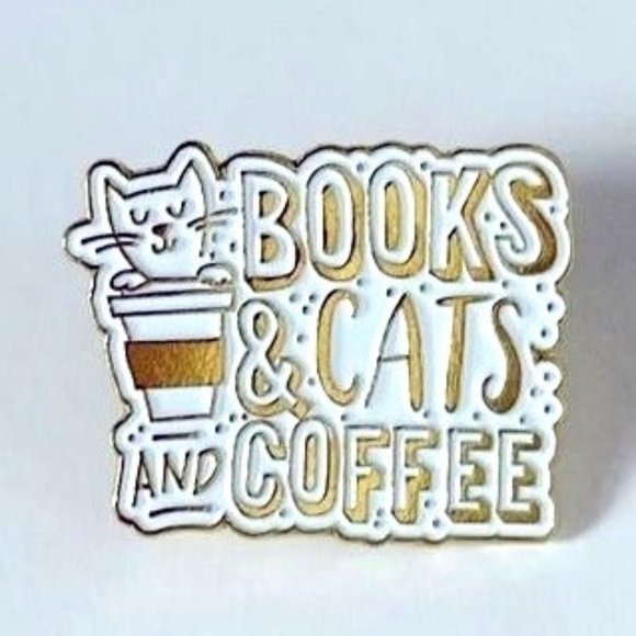 Books, Cats & Coffee pin enamel gold book lover - Picture 1 of 3